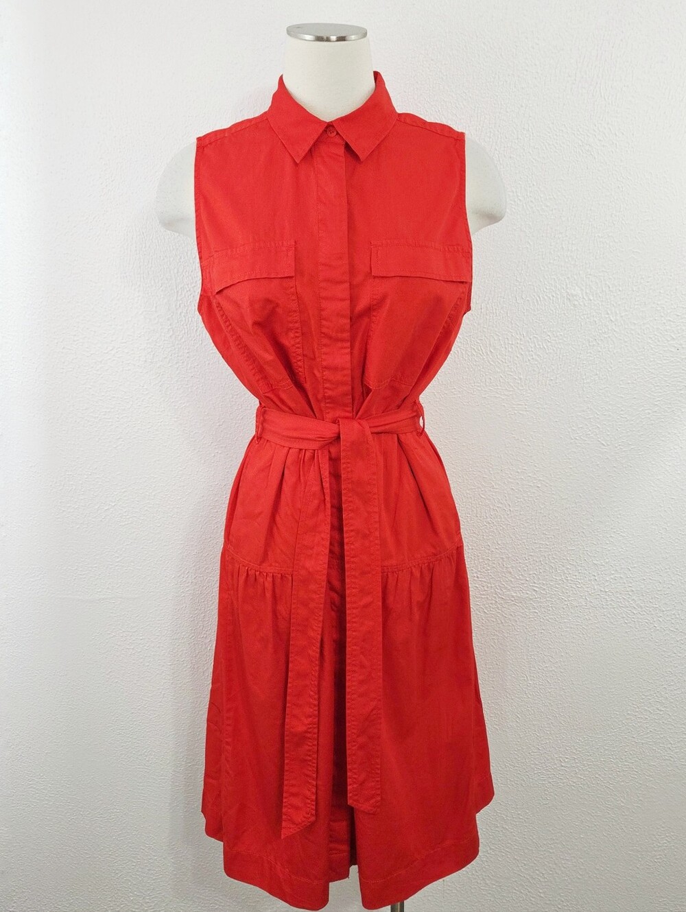 J. Crew Tiered Fatigue Cotton Button Front Shirt Dress fiery red women's size 14